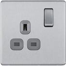 BG Screwless Flat Plate Single Switched 13A Double Pole Power Socket - Brushed Steel