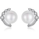 Crystal Moon & Pearl Stud Earrings - Silver