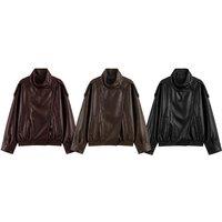 Black Women's Lychee Grain Long Sleeved Leather Jacket - 3 Colours