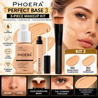 Phoera Perfect Base 3 Piece Long-Lasting Liquid Foundation Makeup Kit - Full Coverage, Waterproof, Hydrating