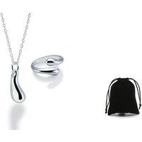 Teardrop Necklace & Open Ring Set - Silver