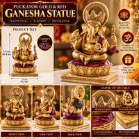 Gold & Red Ganesha Decorative Statue - 14cm Hindu Ornament for Home Decor