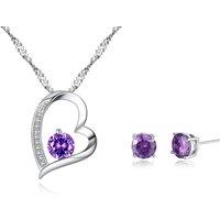 Heart Necklace & Earrings Set - Purple & Silver