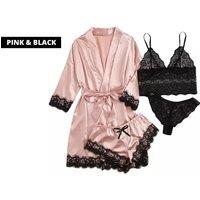 Unisex Black Women'S 4-Piece Satin Pyjama Set - 9 Colours