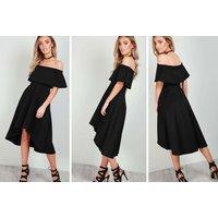 Off Shoulder Dipped Hem Midi Dress - Black, Nude, Or Blue!