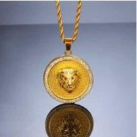 Gold Tone Round Crystal Lion Pendant - Silver