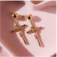 Rose Gold Tone Rose Cross Drop Earrings