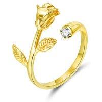 Golden Rose Flower Crystal Open Ring - Silver