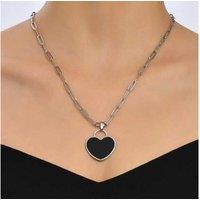 Heart Black Enamel Silver Tone Necklace