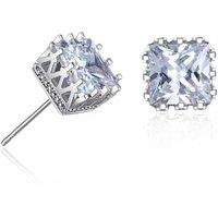 Rhodium-Plated Princess Cut Crown Crystal Stud Earrings - Mini 5mm, Hypoallergenic, Secure Push Backs