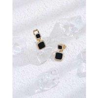 Gold Tone Square Black Drop Earrings