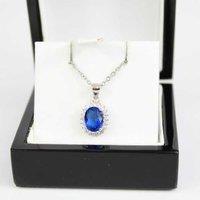 Blue Oval Cut Flower Cluster Necklace - White Gold