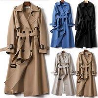 Unisex Women'S Longline Classic Trench Coat - Slim Fit, Lightweight, Lapel Collar, Belted - Black, Cream, Blue, Navy Or Khaki