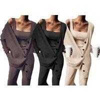 Women'S Three-Piece Loungewear Set - Black, Khaki Or Brown