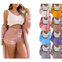 Unisex Beige Women'S Fluffy Crop Top, Shorts & Cardigan - 7 Colours