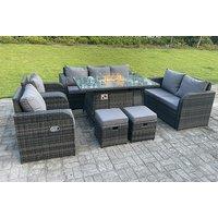 9-Seater Rattan Garden Furniture Set W/Fire Pit & Reclining Chairs