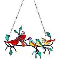 Garden Ornament: Birds On Branch Hanging Decoration - Stained Glass Effect