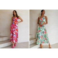 Floral Summer Asymmetric Long Swing Dress - Red, Green