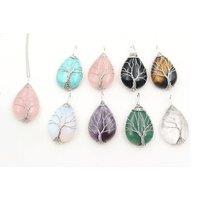 Natural Crystal Water Drop & Tree Pendant - 8 Colours