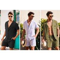 Men'S 2 Piece Linen Short Sleeve Shirt And Shorts Set - 4 Colour Options - Green