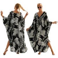 Womens Black Maxi Beach Cover Up Dress - Breathable Batwing Kaftan