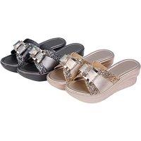 Rose Gold Women's Glitter Bow Wedge Sandals - PU Leather, Non-Slip, Summer Slip-On