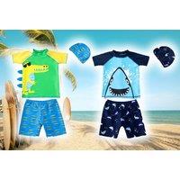 Kids' 3-Piece Matching Swim Top, Shorts & Cap - Shark Or Dinosaur!