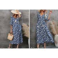 Blue Printed Half-Sleeve Beach Bohemian V-Neck Dress