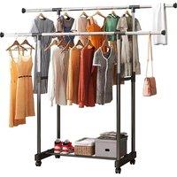 Adjustable Double Clothes Hanging Rail Stand with Wheels