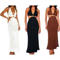Women'S Cut Out Thigh Split Beach Dress - White, Brown Or Black