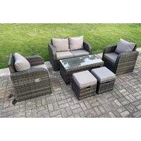 Modern Six-Seater Rattan Dining Set with Reclining Sun Lounger