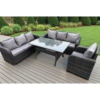 7 Seater Dark Grey PE Rattan Garden Dining Set with Reclining Sun Lounger - Weather-Resistant, Modern Outdoor Furniture