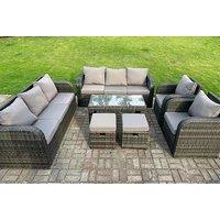 10 Seater Dark Grey PE Wicker Rattan Dining Set with Reclining Sun Lounger