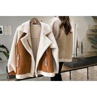 Women'S Sherpa Lined Aviator Coat - Khaki Or Apricot