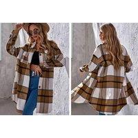 Unisex Brown Longline Plaid Print Classic Coat - 100% Polyester, Lapel Collar, Loose Fit, Warm Outerwear