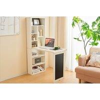 Folding Convertible Solid Wood Desk With Storage & Blackboard - Space-Saving Living Room Furniture, White & Grey