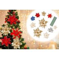 Set Of 10 Christmas Tree Flower Decorations In 4 Colours - Blue