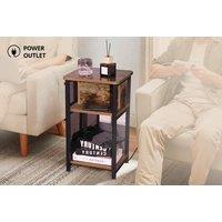 3-Tier Rustic Brown Bedside Table with Charging Station - Steel Frame, Compact Storage, Modern Bedroom Side Table