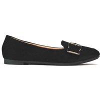 Black Women's Casual Slip-On Ballerina Flats with Metal Buckle - Cushioned Everyday Shoes