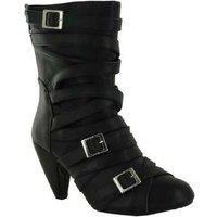 Unisex Women'S Black Faux Leather Mid Heel Buckle Ankle Boots - Winter Zip-Up Fashion