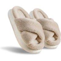 Unisex Khaki Cross Band Fluffy Slippers For Women In 5 Sizes And 4 Colours