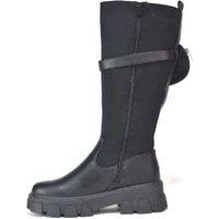 Black Women's Faux Leather High Knee Boots with Side Pocket - Casual Fashion Footwear