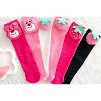 Women's Red Kids' Breathable Cotton Crew Socks - 3D Strawberry & Losto Design, One Size, Multi-Colour