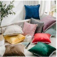 Velvet Pom Pom Cushion Cover - 17"x17" - Machine Washable, Concealed Zipper, 8 Colours