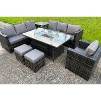 9-Seater Rattan Garden Corner Set With Gas Fire Pit Table & 2 Small Footstools!