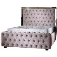 Chesterfield Grey Plush Velvet Ottoman Divan Bed - Mirrored Headboard, Storage Base, All Sizes