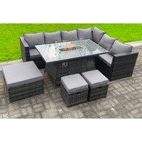 9-Seater PE Rattan Corner Dining Set with Firepit Table - Weather-Resistant, Modern Outdoor Sofa