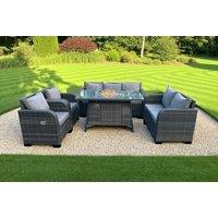 Chic Rattan Sofa & Fire Pit Table Set - Weather-Resistant Outdoor Lounge