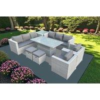 Modern Light Grey Rattan Sofa Dining Set with Adjustable Rising Table - Weather-Resistant, Seats 6