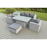 Light Grey Rattan Outdoor Dining Sofa Set with Adjustable Table - Weather-Resistant, 6-Seater Modern Garden Furniture
